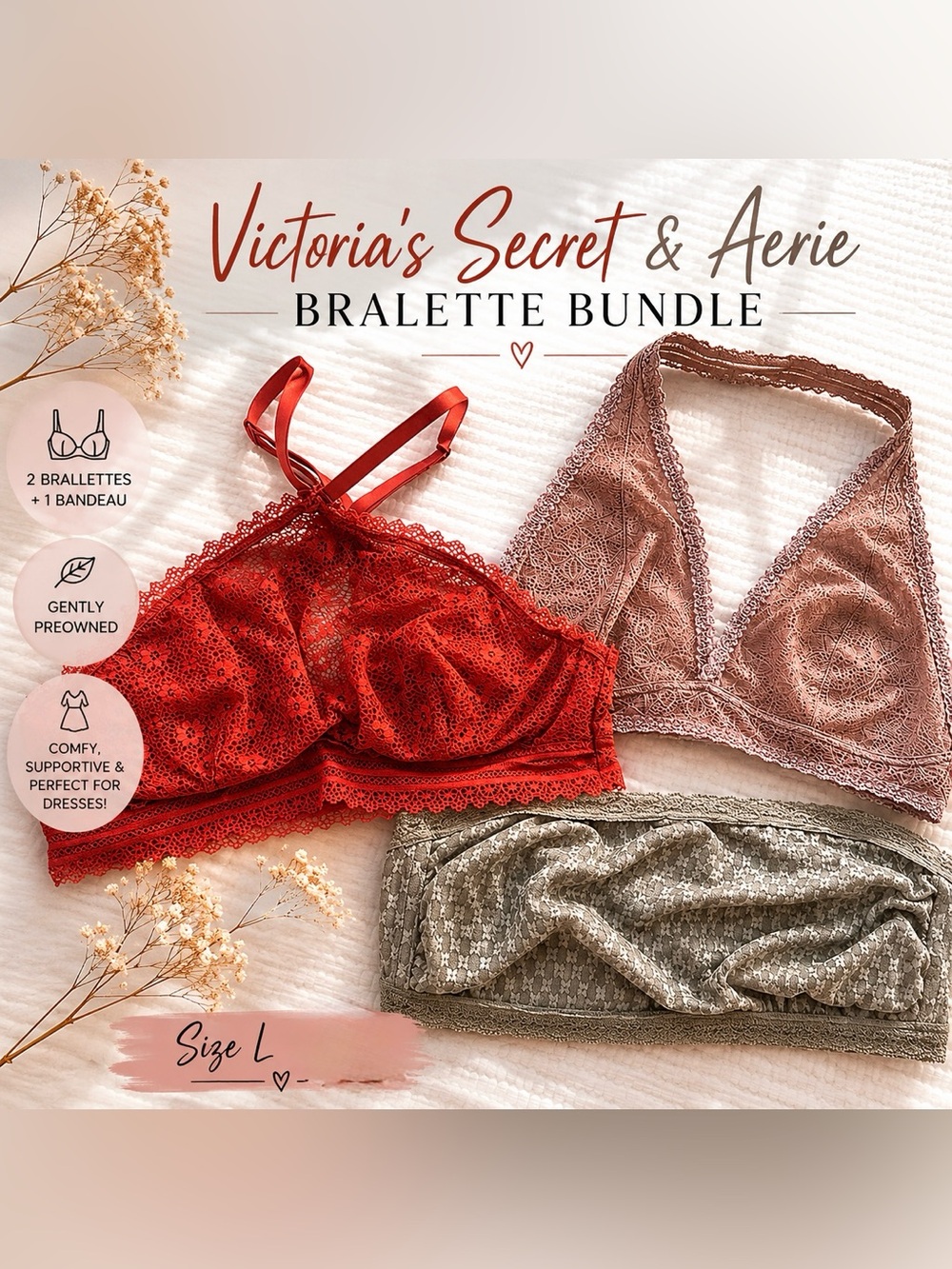 Victoria’s Secret & Aerie Lace Bralette Bundle L Neutral & Rust Tones